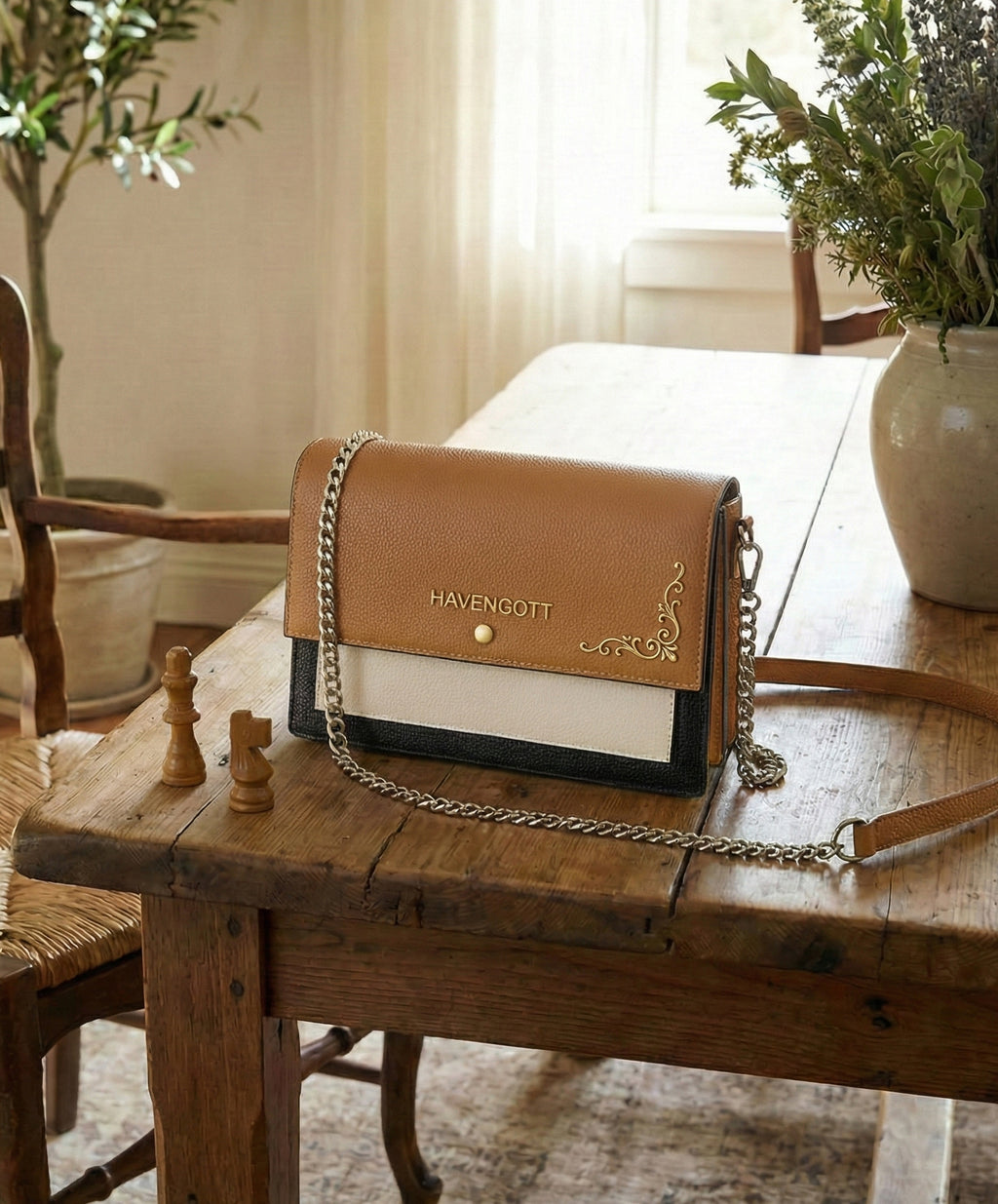 HAVENGOTT Tri-Color Horizon Flap Bag – Genuine Pebbled Leather with Gold Accent