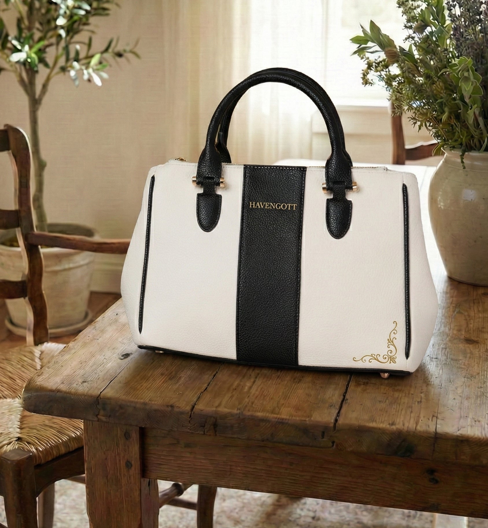 HAVENGOTT Monochrome Stripe Satchel – Cream & Black Pebble Leather with Gold Hardware