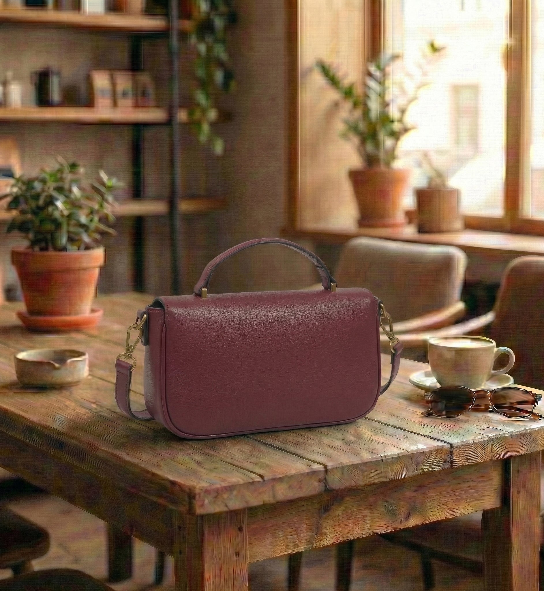 HAVENGOTT Burgundy Structured Top-Handle Bag