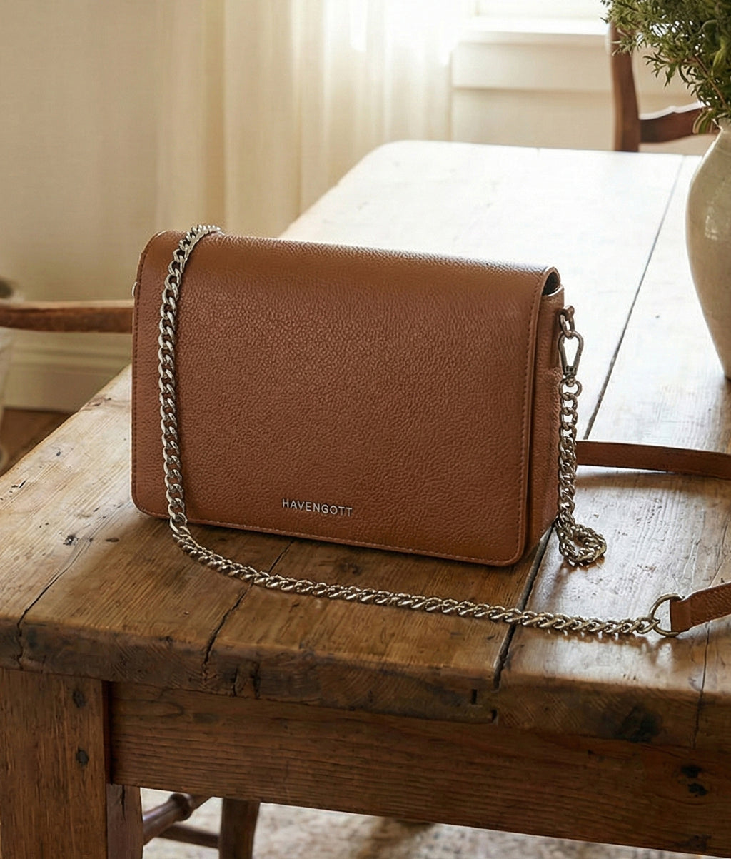 HAVENGOTT Tan Leather Chain Crossbody Bag – Silver-Tone Chain Strap