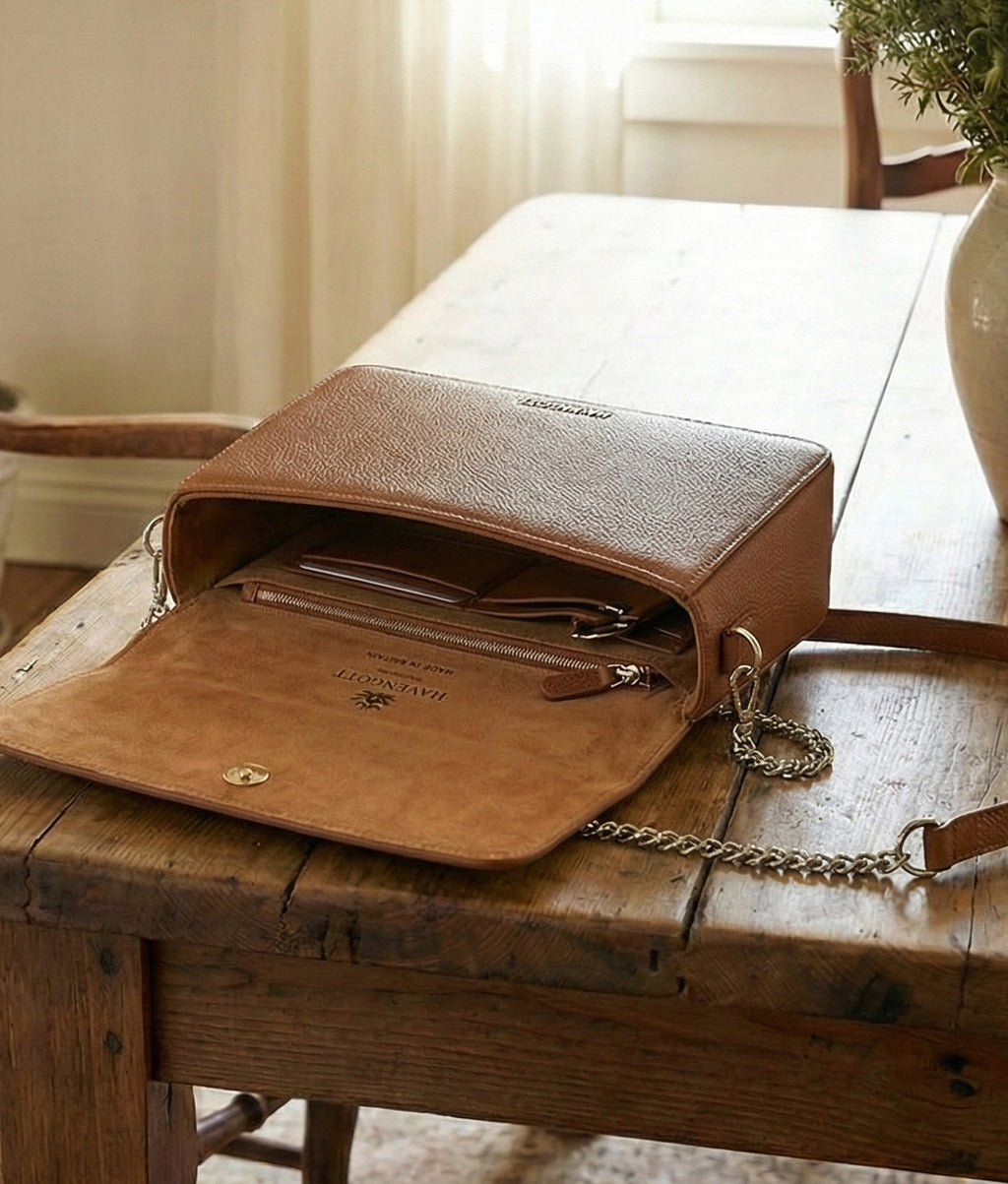 HAVENGOTT Tan Leather Chain Crossbody Bag – Silver-Tone Chain Strap