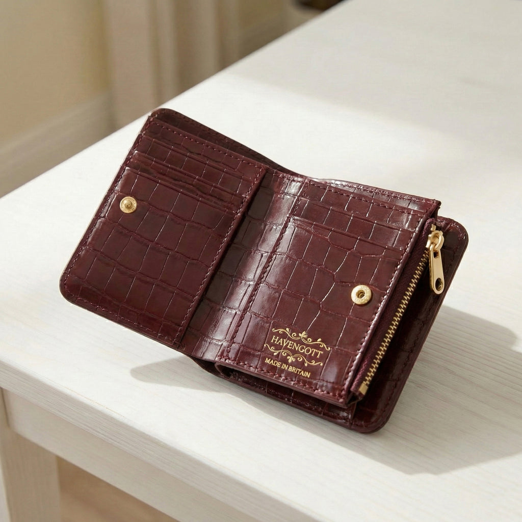 HAVENGOTT Royal Burgundy Croc-Embossed Compact Wallet