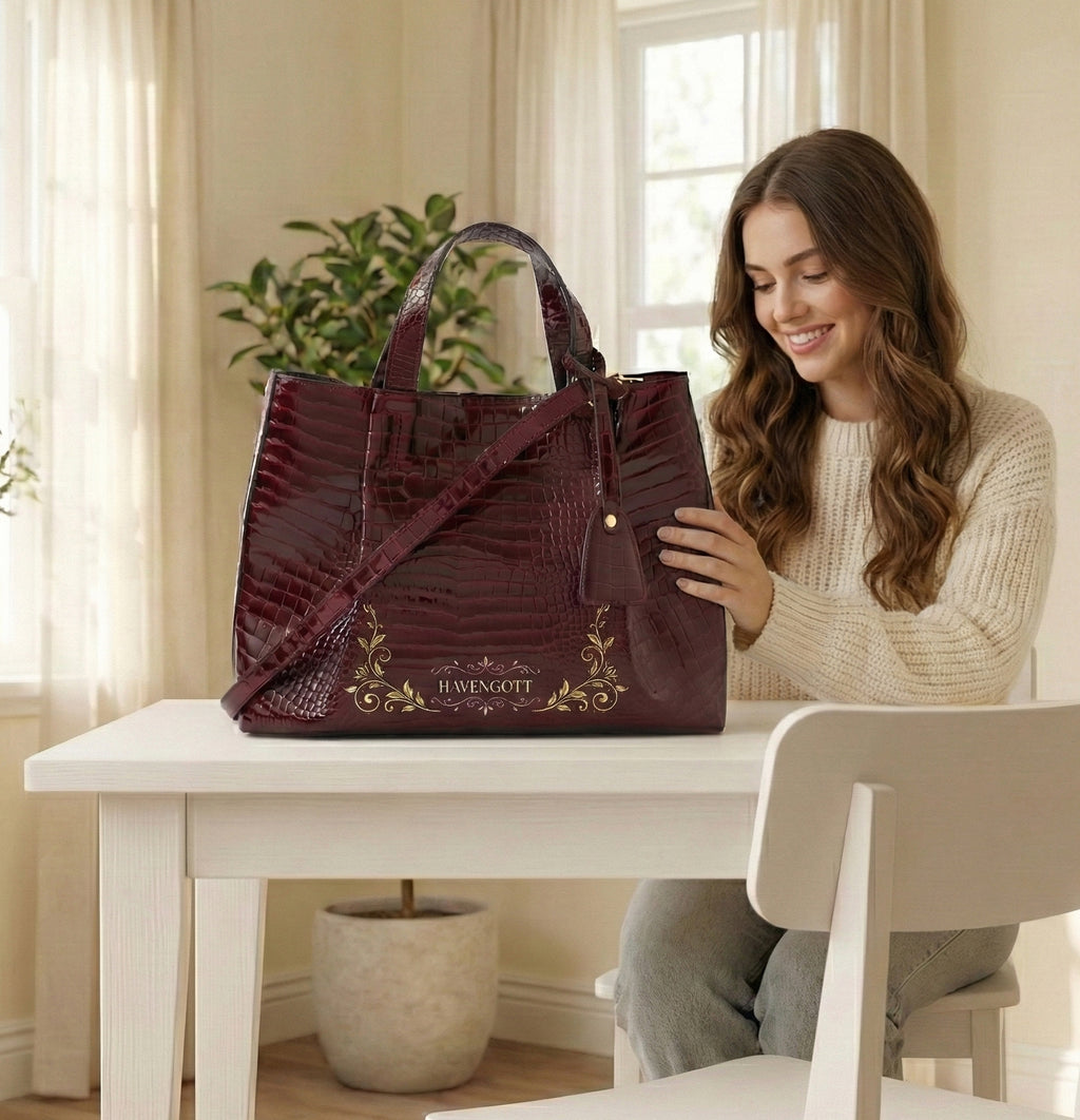 HAVENGOTT Royal Burgundy Croc-Embossed Tote