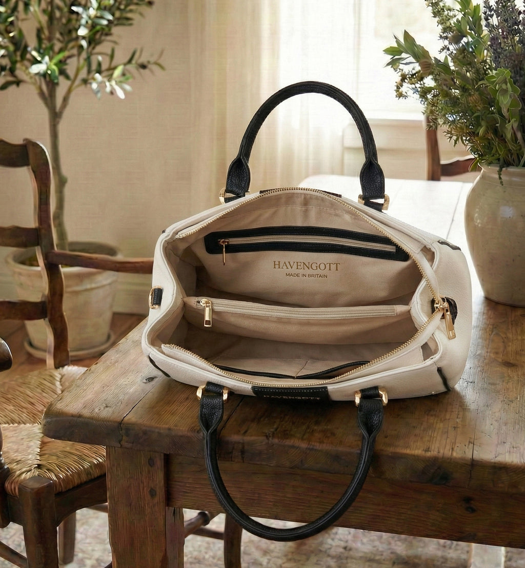 HAVENGOTT Monochrome Stripe Satchel – Cream & Black Pebble Leather with Gold Hardware