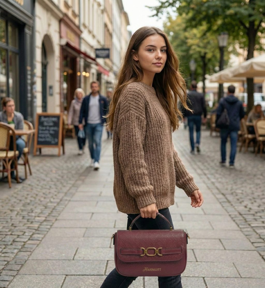 HAVENGOTT Burgundy Structured Top-Handle Bag