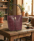 HAVENGOTT Burgundy Croc-Embossed Structured Bucket Bag