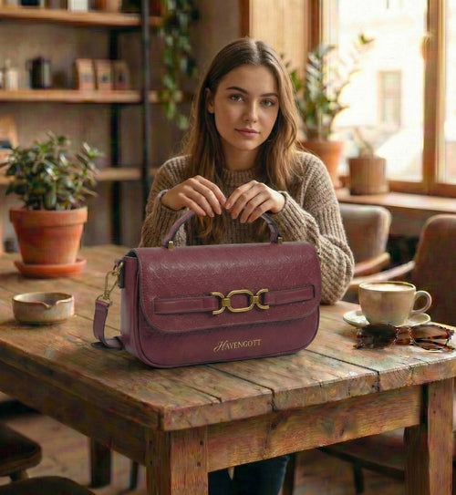 HAVENGOTT Burgundy Structured Top-Handle Bag