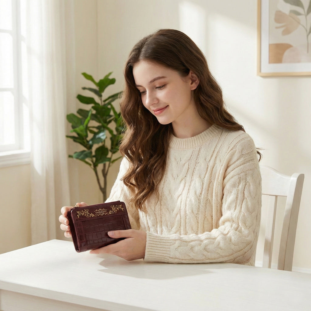 HAVENGOTT Royal Burgundy Croc-Embossed Compact Wallet