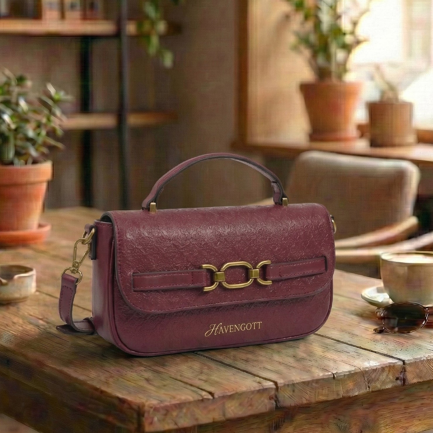HAVENGOTT Burgundy Structured Top-Handle Bag