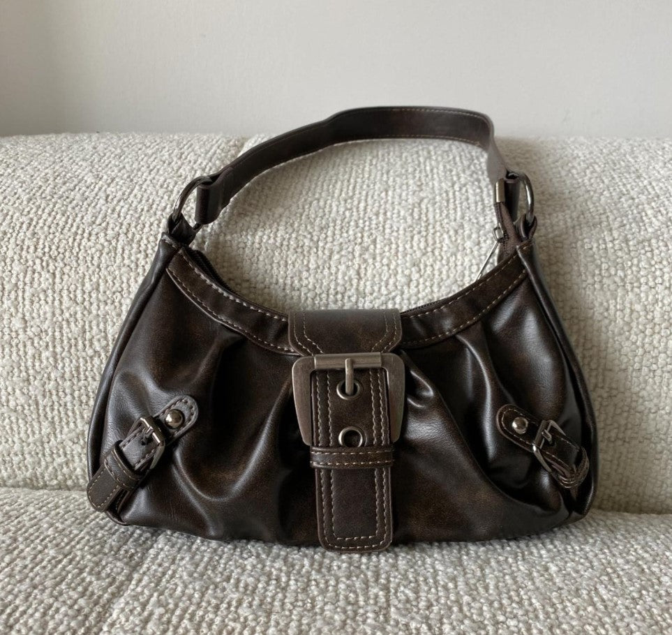 Brown Faux Leather Shoulder Bag: Silver Buckle Grunge Purse