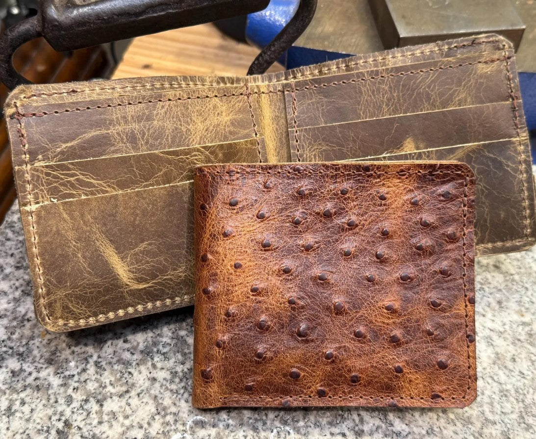Ostrich Bifold Wallet, Handmade Full Grain Leather