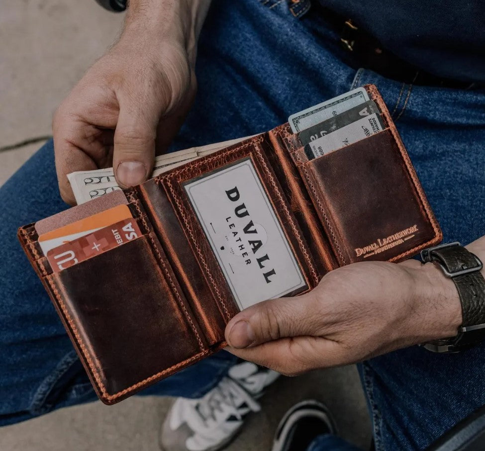 Natural Bison Leather Trifold Wallet for Men with ID Window