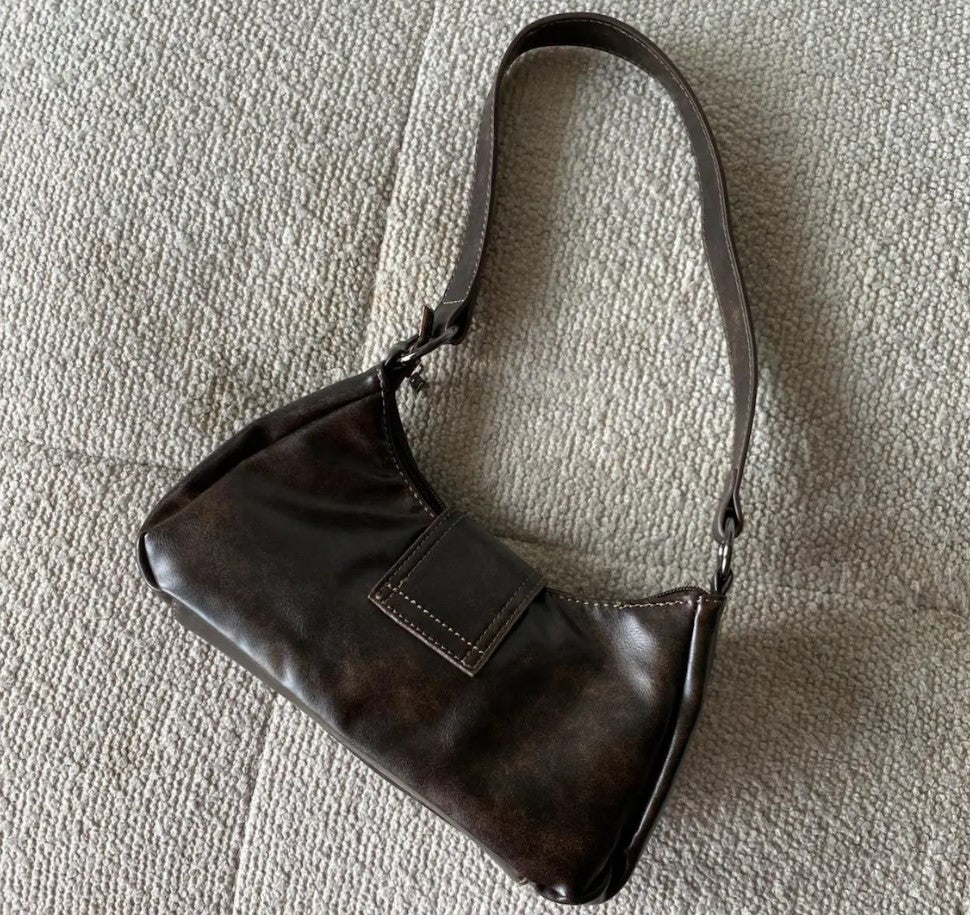 Brown Faux Leather Shoulder Bag: Silver Buckle Grunge Purse