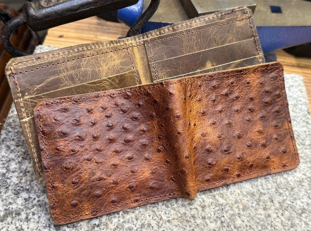 Ostrich Bifold Wallet, Handmade Full Grain Leather