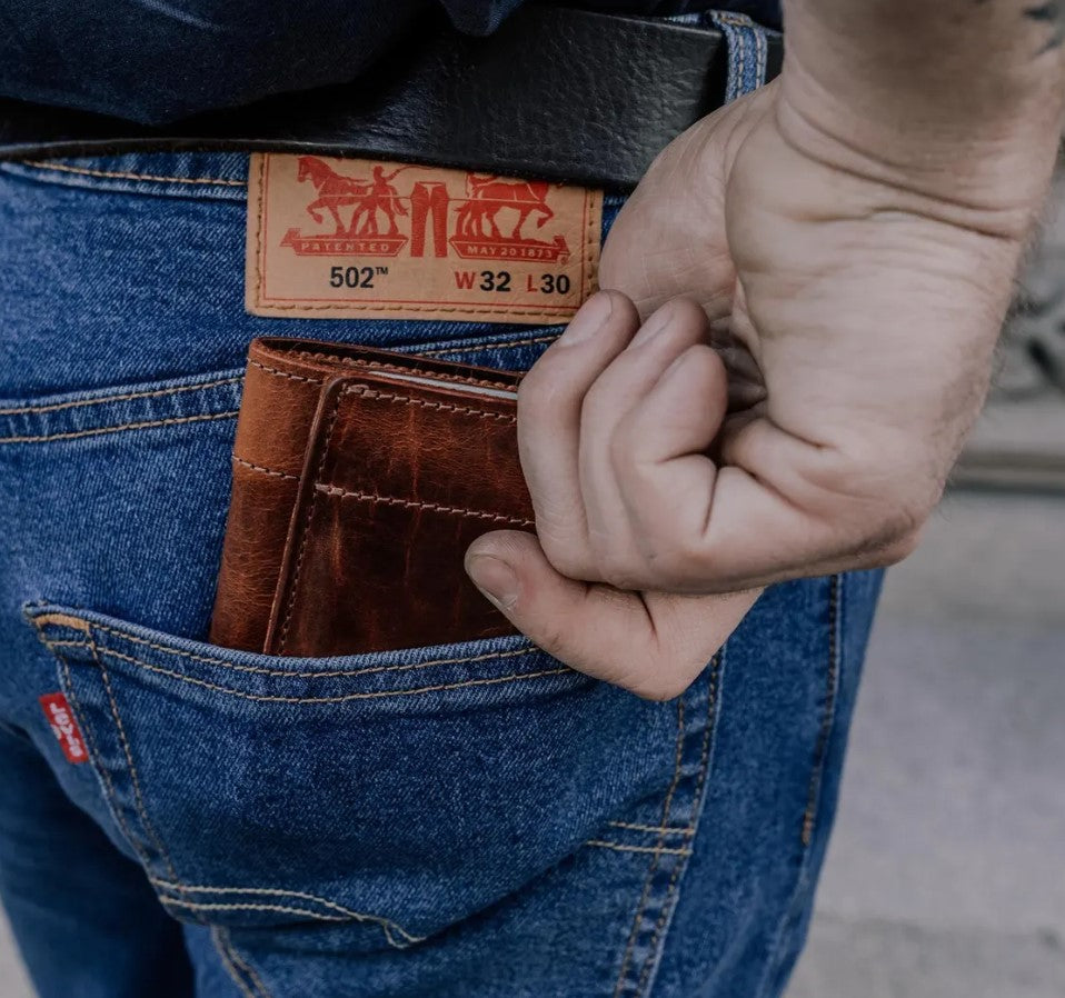 Natural Bison Leather Trifold Wallet for Men with ID Window