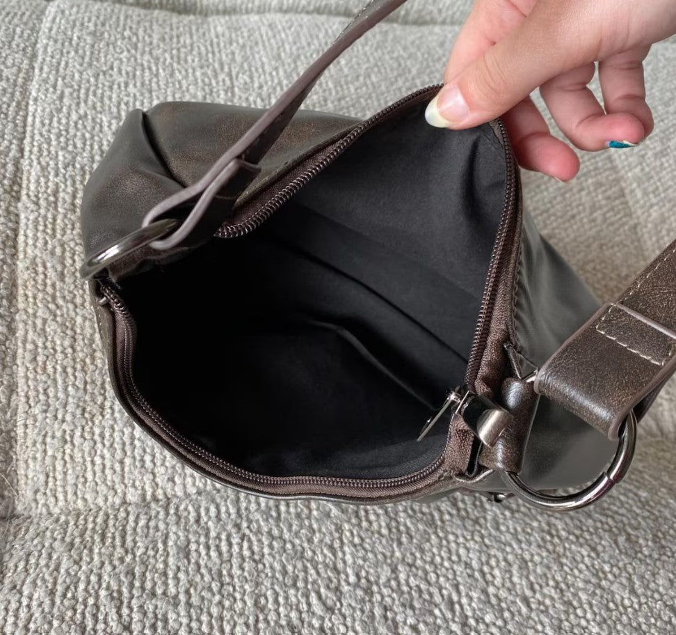 Brown Faux Leather Shoulder Bag: Silver Buckle Grunge Purse