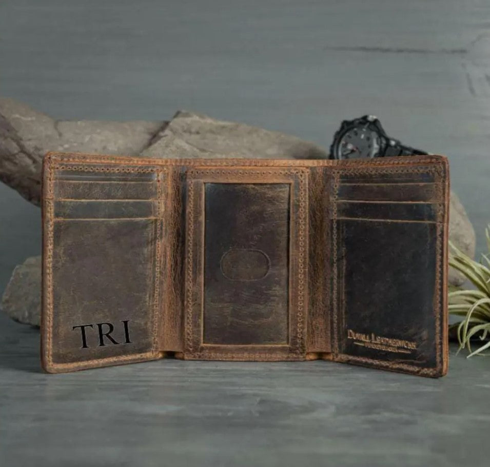 Natural Bison Leather Trifold Wallet for Men with ID Window