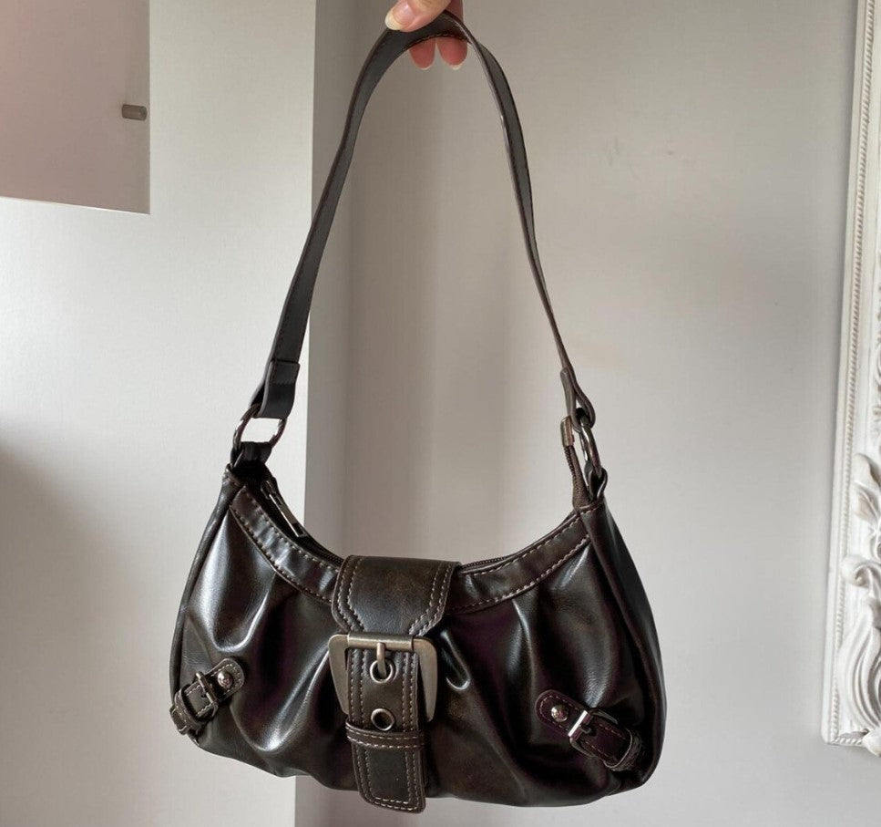 Brown Faux Leather Shoulder Bag: Silver Buckle Grunge Purse