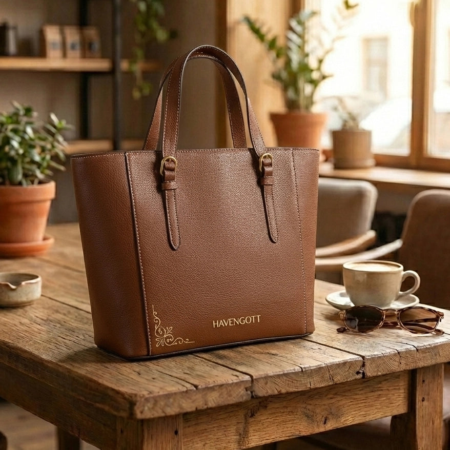 HAVENGOTT Classic Cognac Tote Bag – Genuine Full-Grain Leather