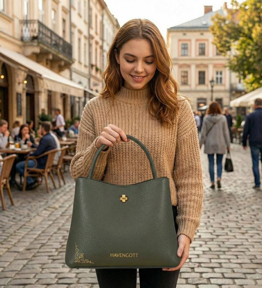 HAVENGOTT Emerald Structure Bucket Bag – Genuine Pebbled Leather with Gold Floral Accent