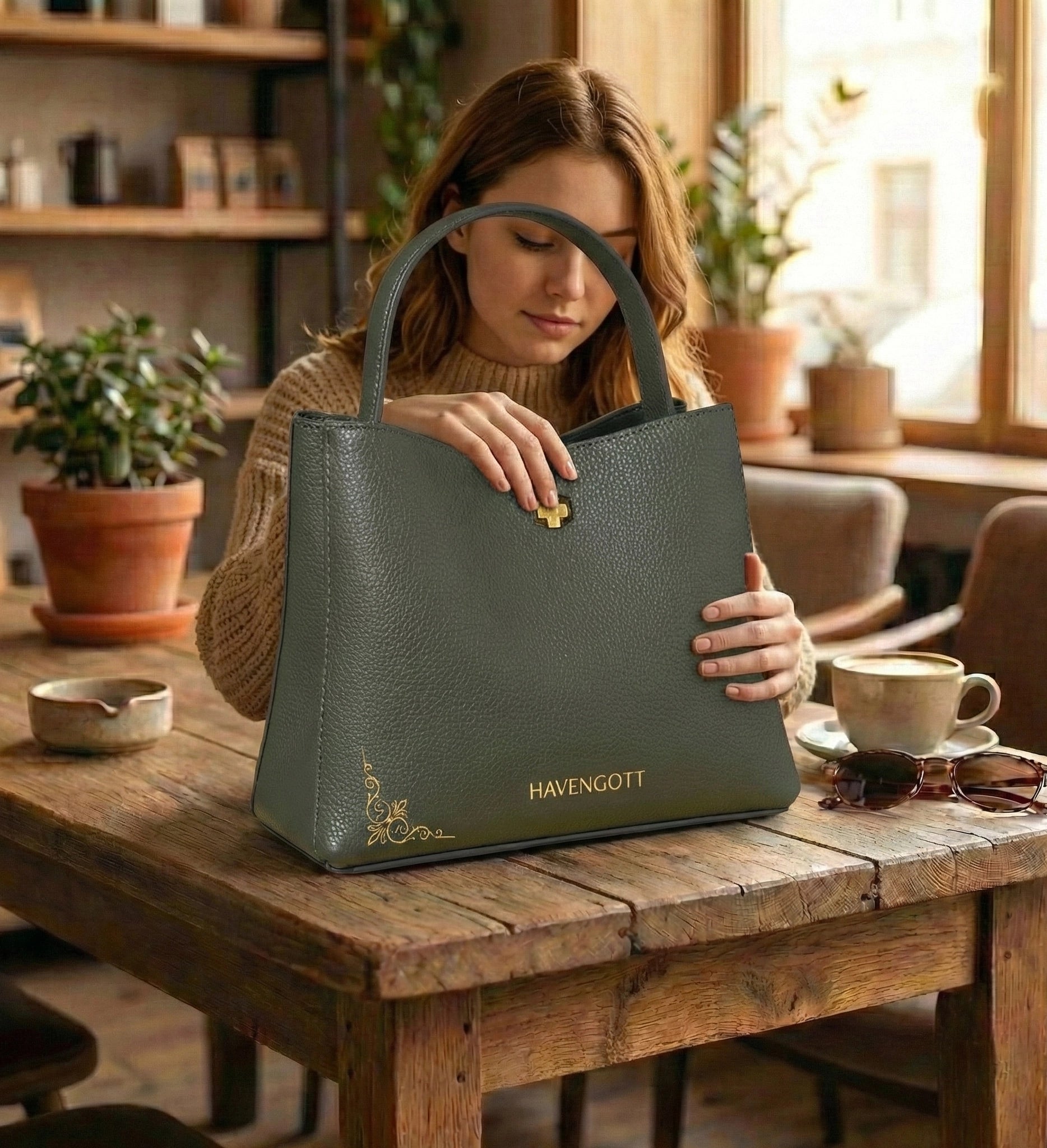 HAVENGOTT Emerald Structure Bucket Bag – Genuine Pebbled Leather with Gold Floral Accent