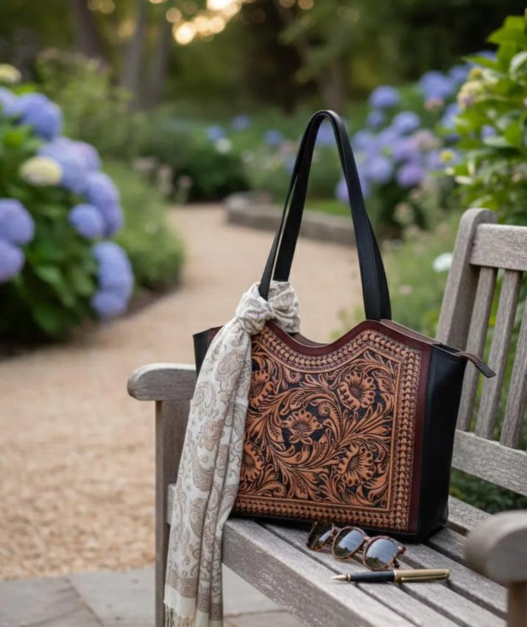 Handmade Tooled Leather Floral Tote Bag
