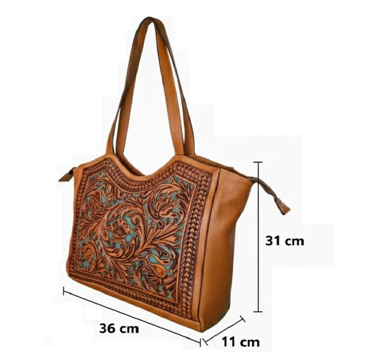 Handmade Tooled Leather Floral Tote Bag
