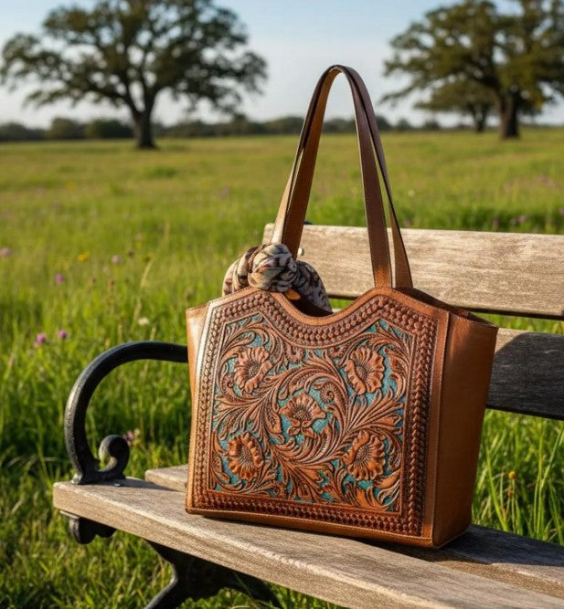 Handmade Tooled Leather Floral Tote Bag
