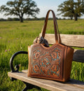 Handmade Tooled Leather Floral Tote Bag