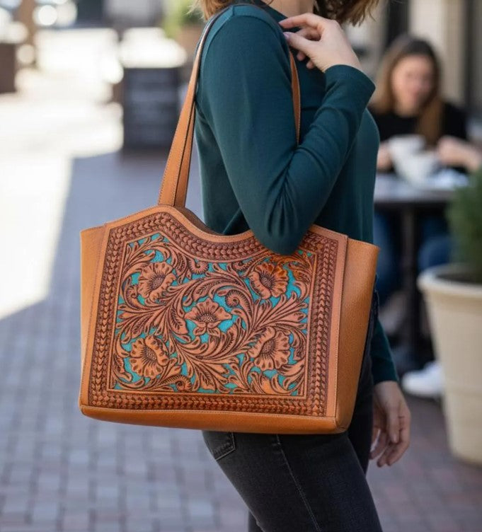 Handmade Tooled Leather Floral Tote Bag